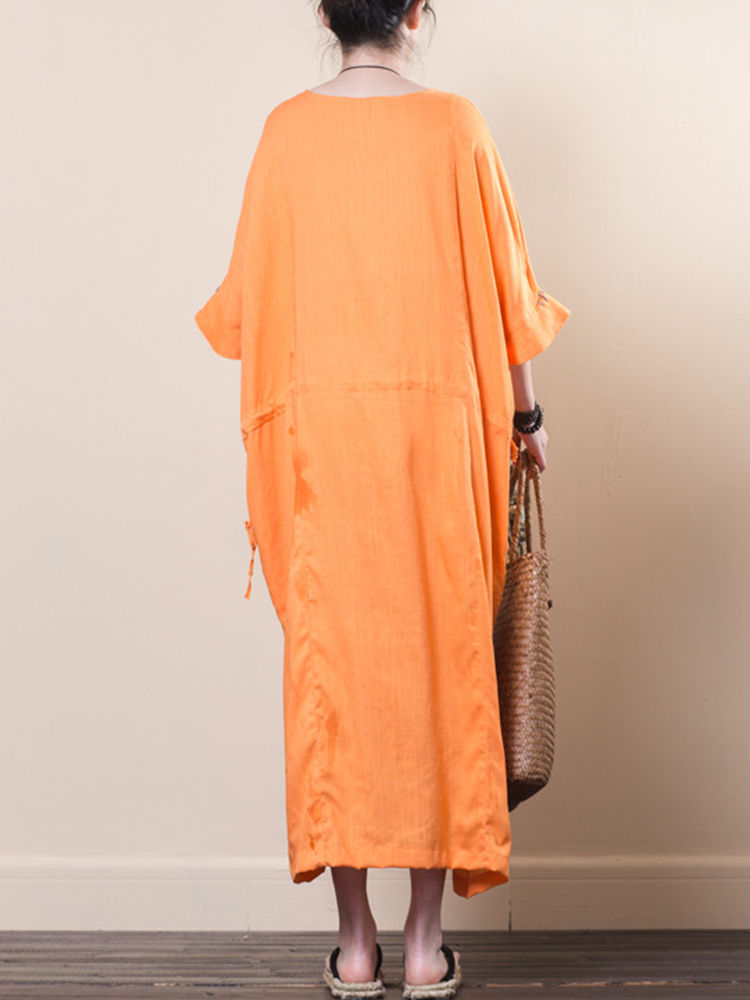 Vintage Women O-neck Loose Baggy Half Sleeve Dress