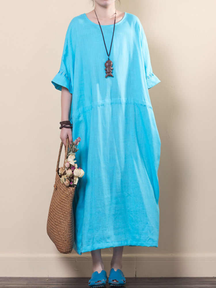 Vintage Women O-neck Loose Baggy Half Sleeve Dress