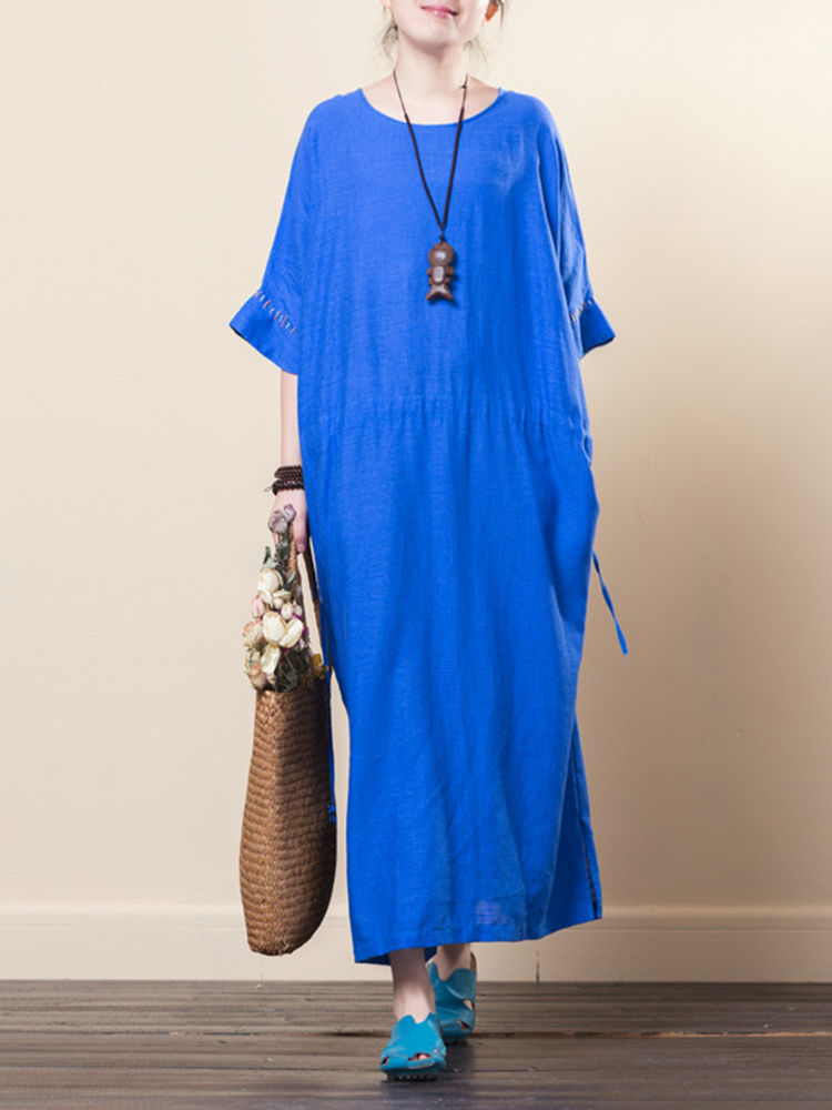Vintage Women O-neck Loose Baggy Half Sleeve Dress