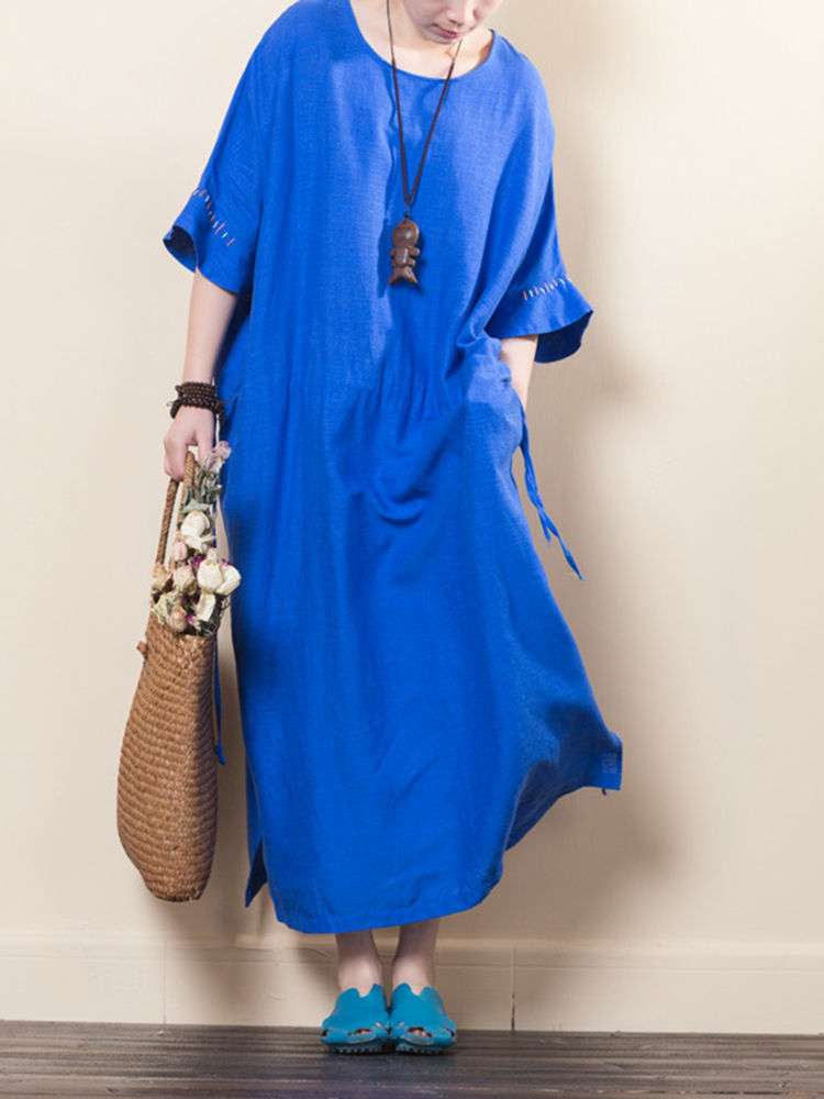 Vintage Women O-neck Loose Baggy Half Sleeve Dress