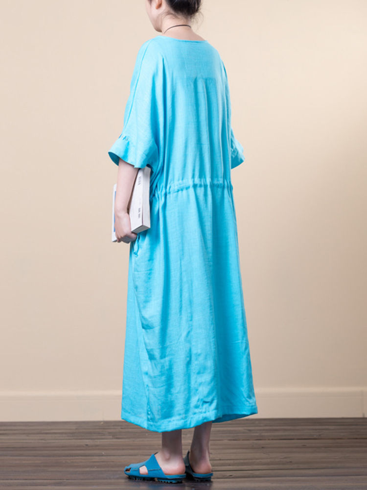 Vintage Women O-neck Loose Baggy Half Sleeve Dress