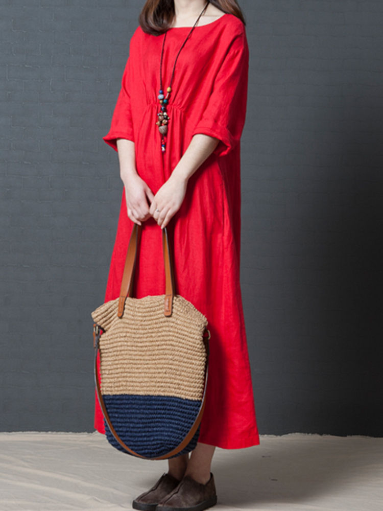 Vintage Pure Color O-neck Cotton Long Sleeve Dress