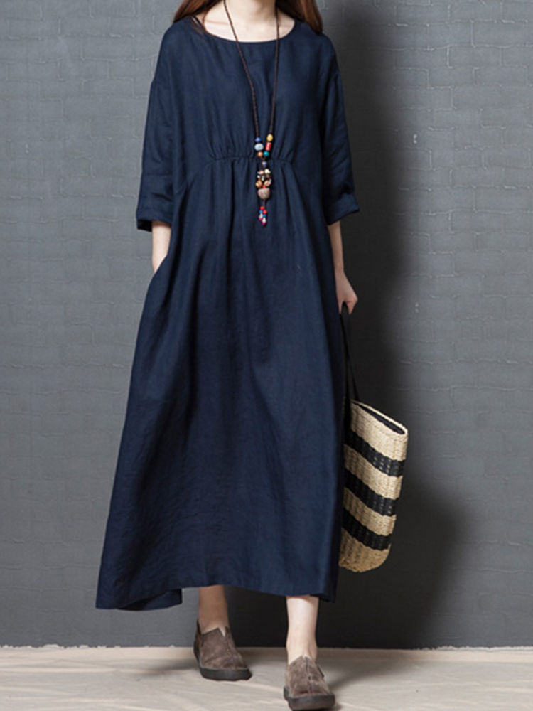Vintage Pure Color O-neck Cotton Long Sleeve Dress