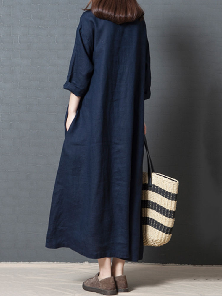 Vintage Pure Color O-neck Cotton Long Sleeve Dress