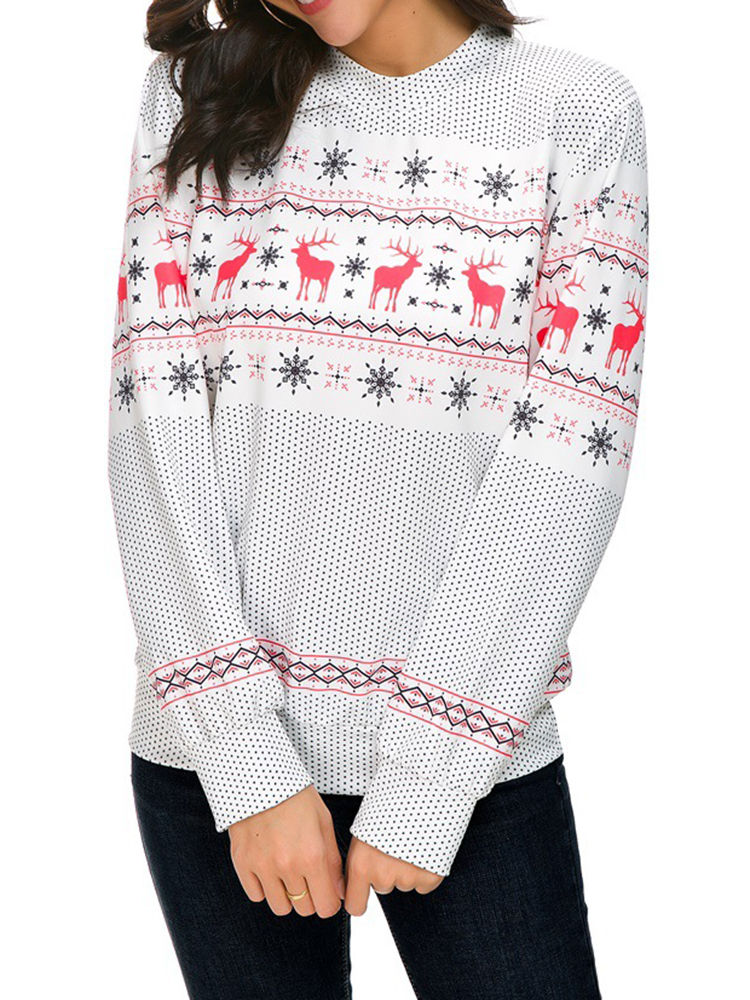 Autumn Winter Women Long Sleeve Deer Christmas Printed Sweatshirts
