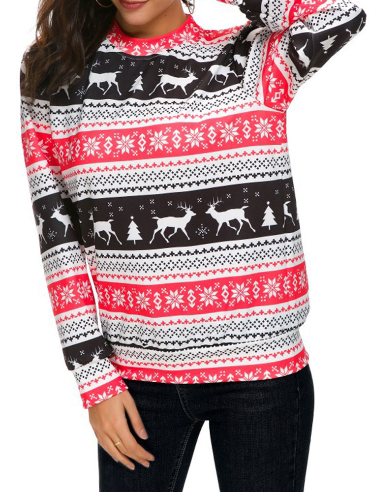 Autumn Winter Women Long Sleeve Deer Christmas Printed Sweatshirts