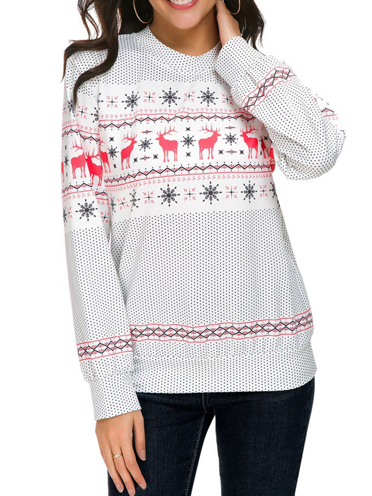Autumn Winter Women Long Sleeve Deer Christmas Printed Sweatshirts