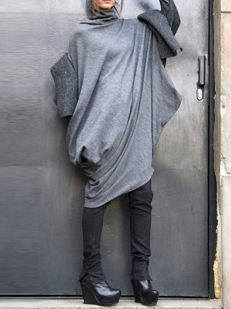 Women Casual High Neck Baggy Tunic Asymmetric Blouse