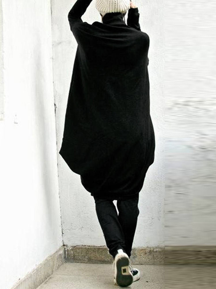 Women Casual High Neck Baggy Tunic Asymmetric Blouse