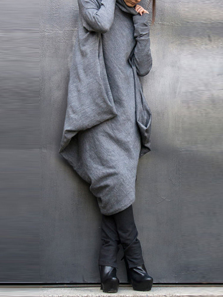 Women Casual High Neck Baggy Tunic Asymmetric Blouse