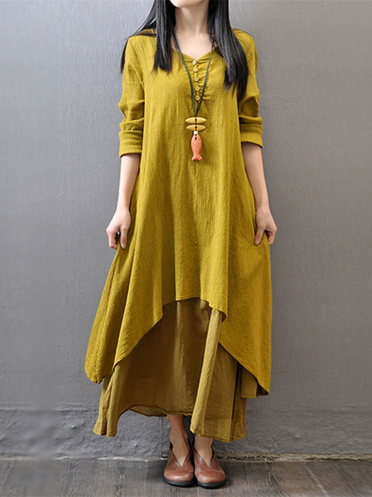 S-5XL Women Long Sleeve Double Layers Button Asymmetric Vintage Maxi Dress
