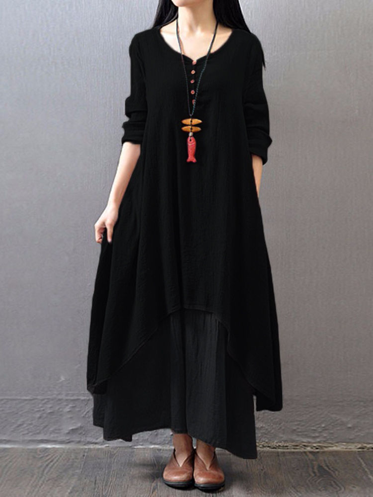 S-5XL Women Long Sleeve Double Layers Button Asymmetric Vintage Maxi Dress