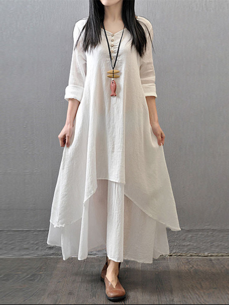 S-5XL Women Long Sleeve Double Layers Button Asymmetric Vintage Maxi Dress