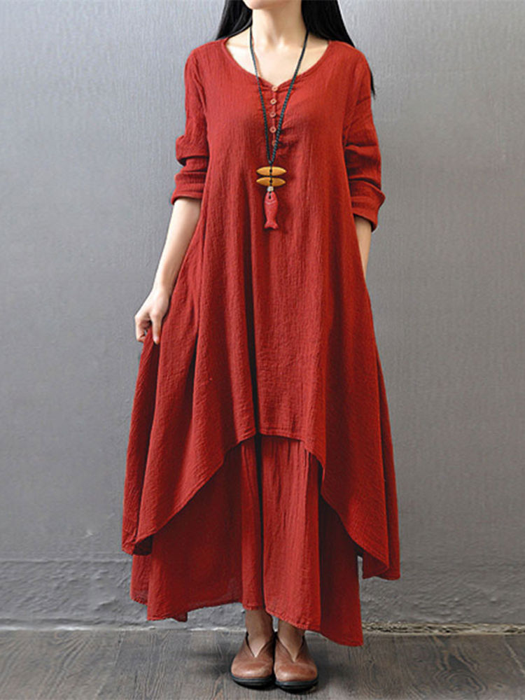 S-5XL Women Long Sleeve Double Layers Button Asymmetric Vintage Maxi Dress