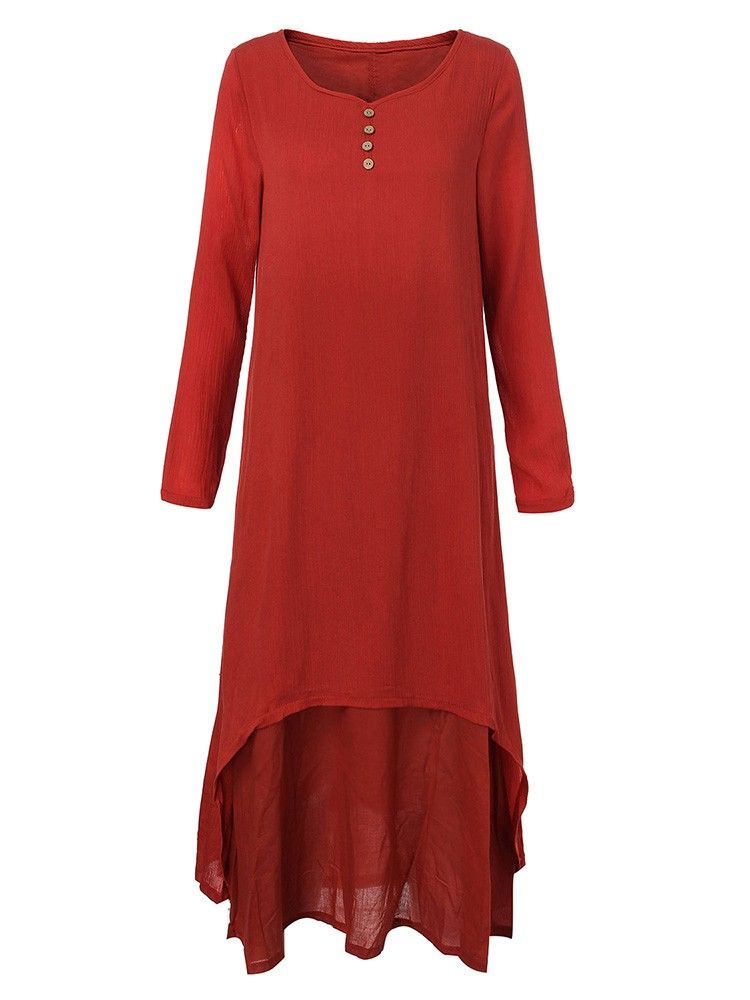 S-5XL Women Long Sleeve Double Layers Button Asymmetric Vintage Maxi Dress