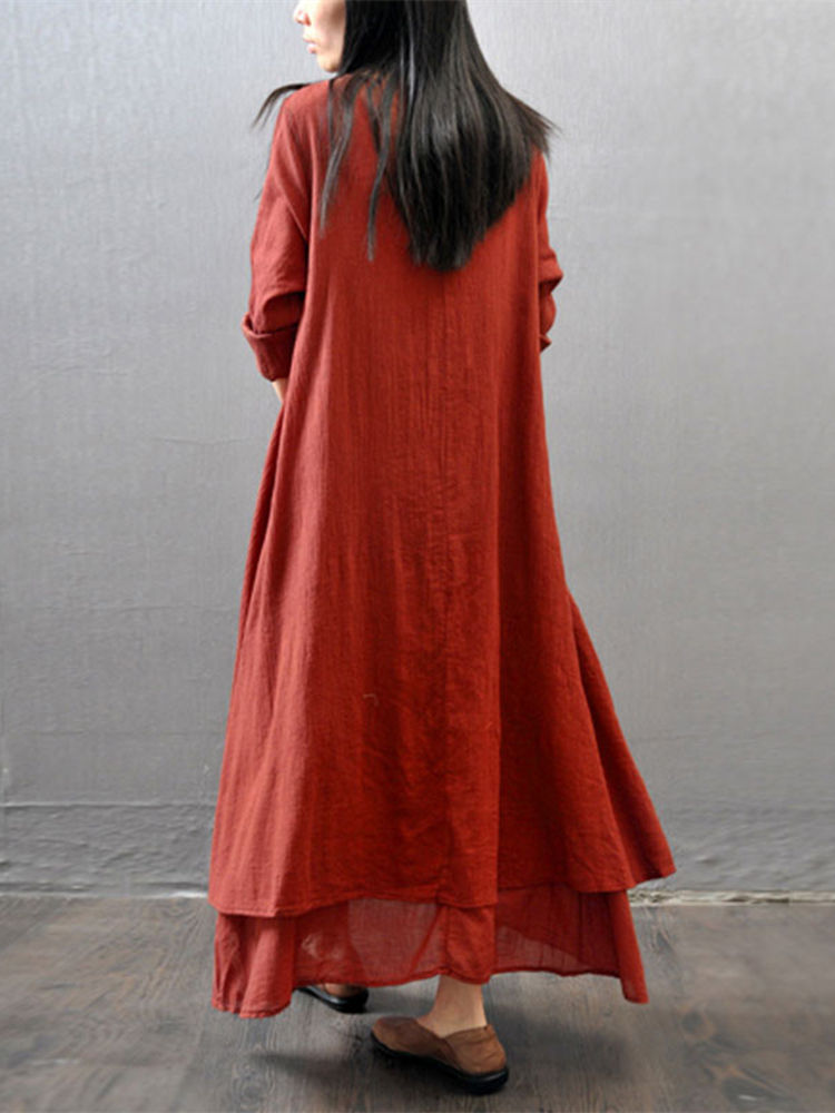 S-5XL Women Long Sleeve Double Layers Button Asymmetric Vintage Maxi Dress