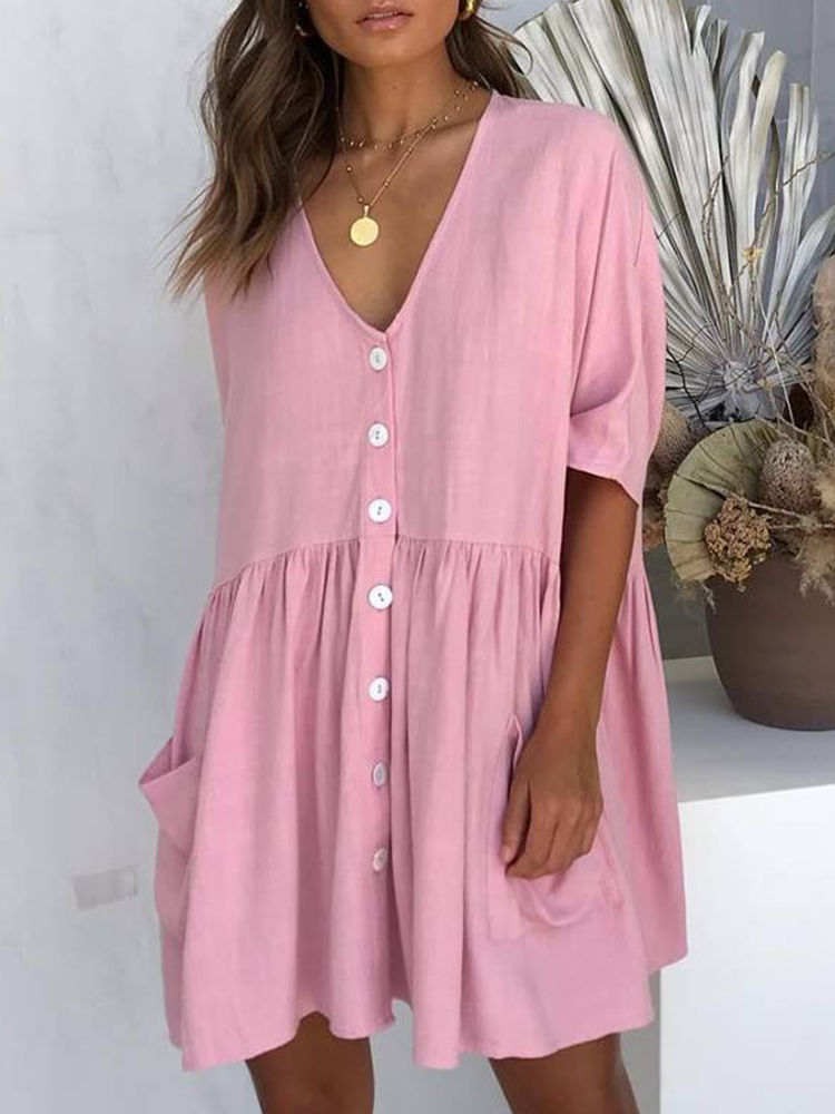 Women Casual Button V-neck Half Sleeve Mini Dress