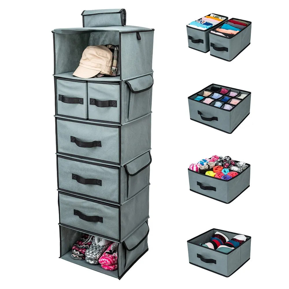 SMIRLY Hanging Closet Organizer Shelves. Grey 6 Shelf Closet Storage with 5 Clothes Organizer Drawers and Purpose Made Pockets. Sweater or Shoe Organizer, Baby Nursery Closet Organization and Storage