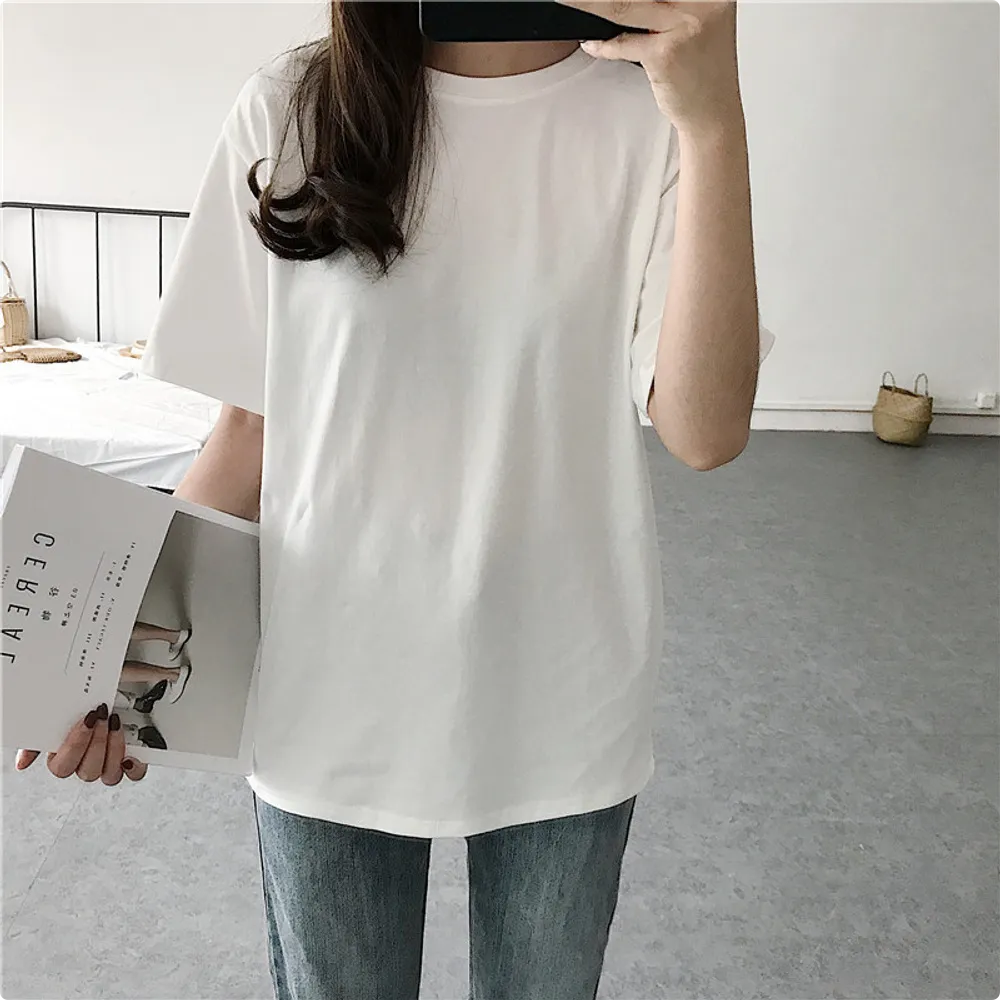Spring And Summer New V-neck Solid Color Pullover T-shirt Women's Short Sleeve Korean Style Loose Retro Hong Kong Style Half Sleeve Top T-shirt