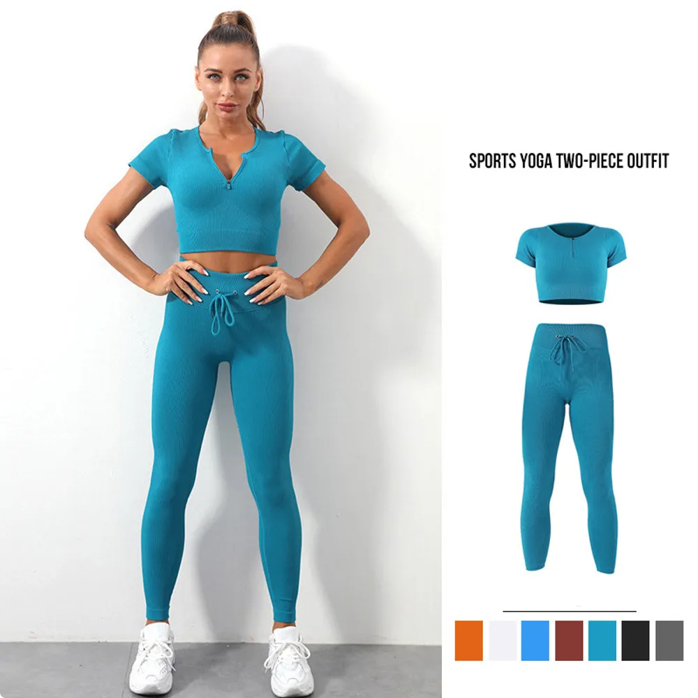 Threaded Fitness Suit Outdoor Sports Short Sleeve High Waist Abdominal Seamless Yoga Suit Trousers