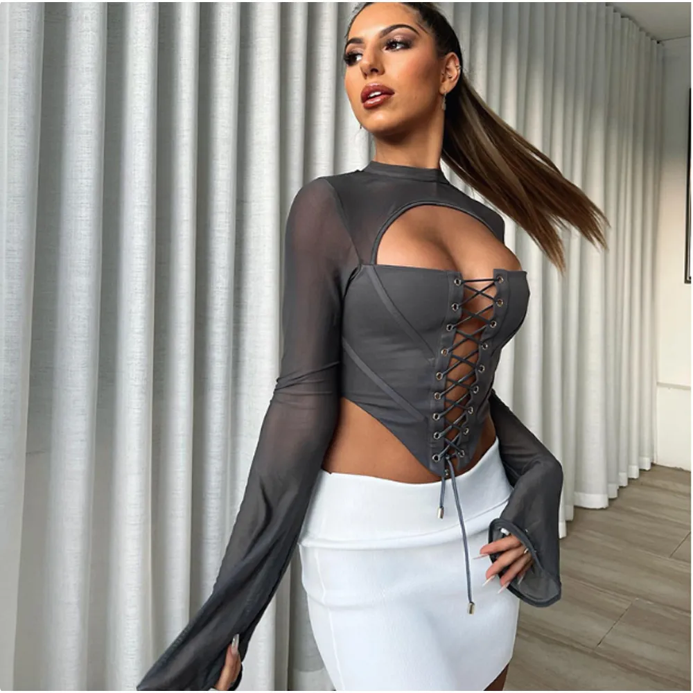 Women's Autumn New Solid Color Casual Backless Round Neck Long Sleeve Tied Mesh Slim Fit Top