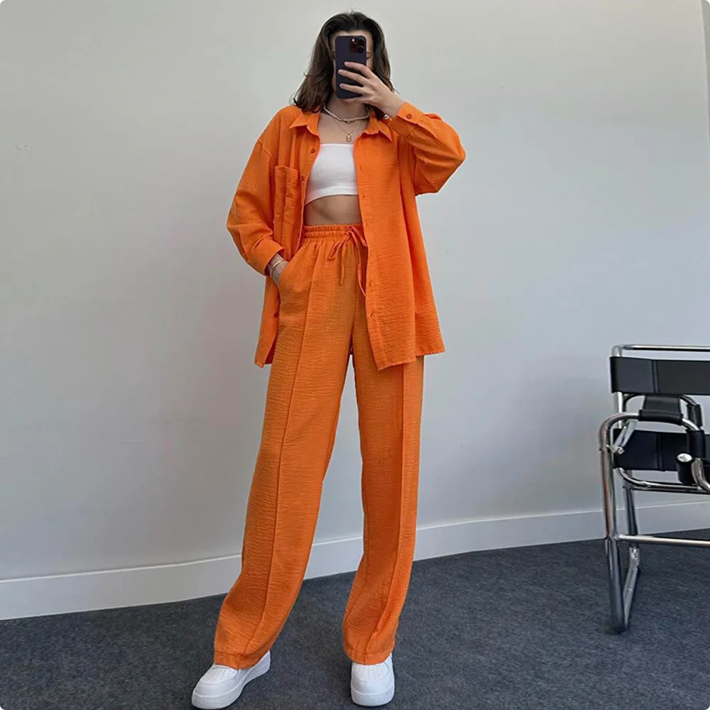Women's Fashion Casual Solid Color Shirt And Trousers Two-piece Set