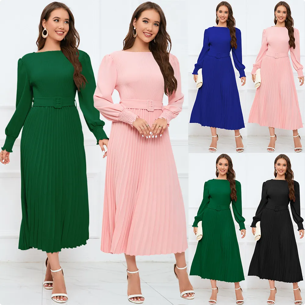 Women's Graceful And Fashionable Round Neck Bubble Long Sleeve Pleated A- Line Skirt
