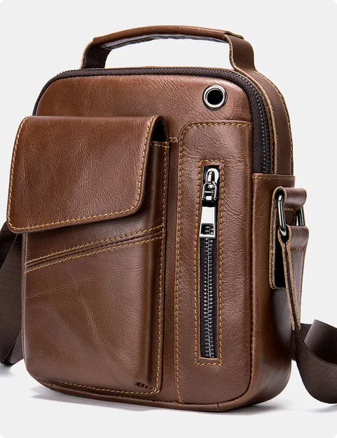Men Genuine Leather Multi-pockets Earphone Hole Vintage Waterproof Crossbody Bags Shoulder Bags