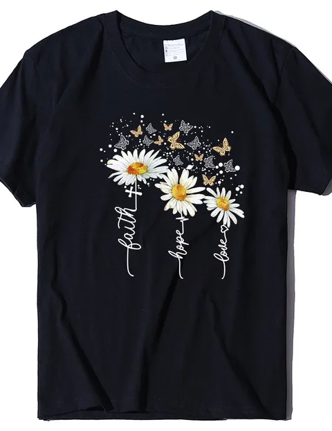 2020 New Summer Cotton Women's T-shirt Daisy Print Butterfly Casual T-shirt