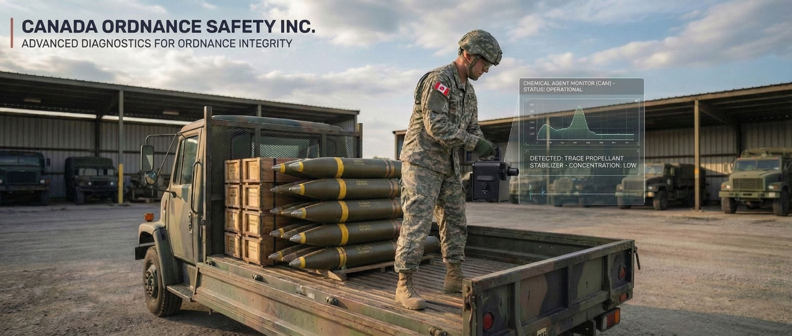 Canada Ordnance Safety field operations - soldier conducting chemical agent monitoring on ammunition transport