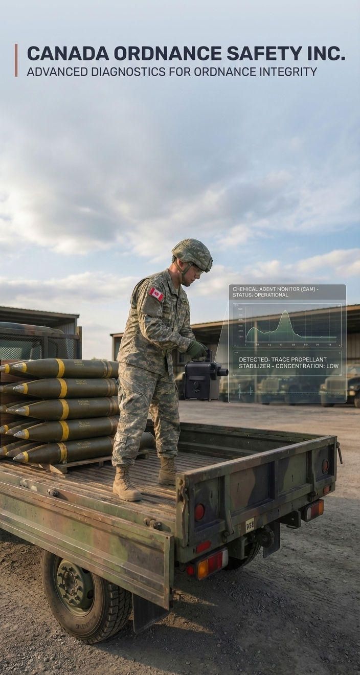 Canada Ordnance Safety field operations - soldier conducting chemical agent monitoring on ammunition transport