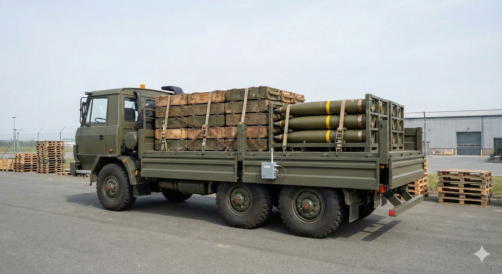 Military truck transporting ordnance and ammunition