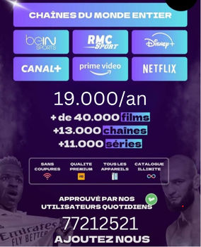 Chaîne mondiale avec Netflix, Prime Vidéo, Canal+, BeIN Sport, RMC Sport, Disney+