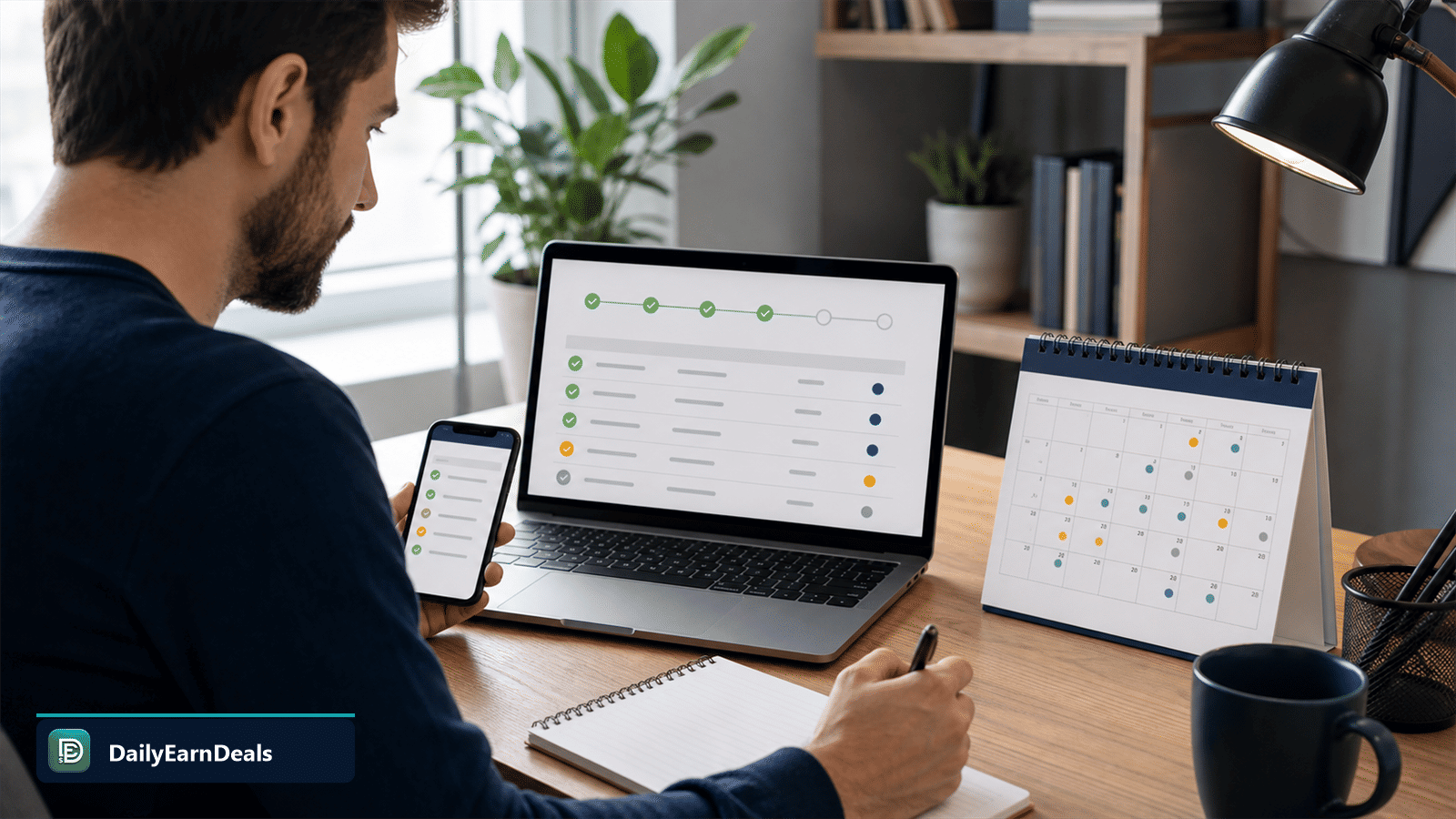 Remote worker checking completed tasks, pending approvals, and a payment calendar on laptop and phone