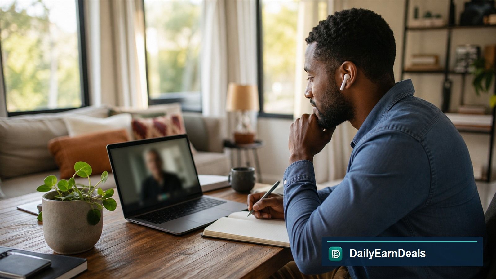 Remote research participant taking notes during a video interview