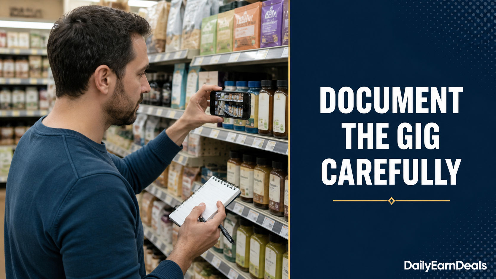 Worker documenting a local store task with a phone and notes
