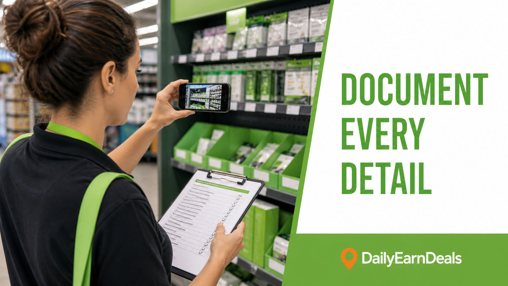 Worker documenting a generic retail display with a smartphone and checklist