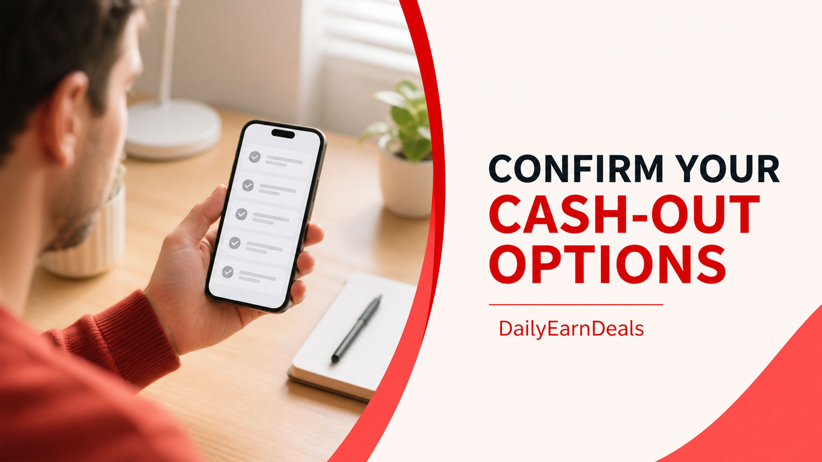 Person checking generic cash-out options on a smartphone