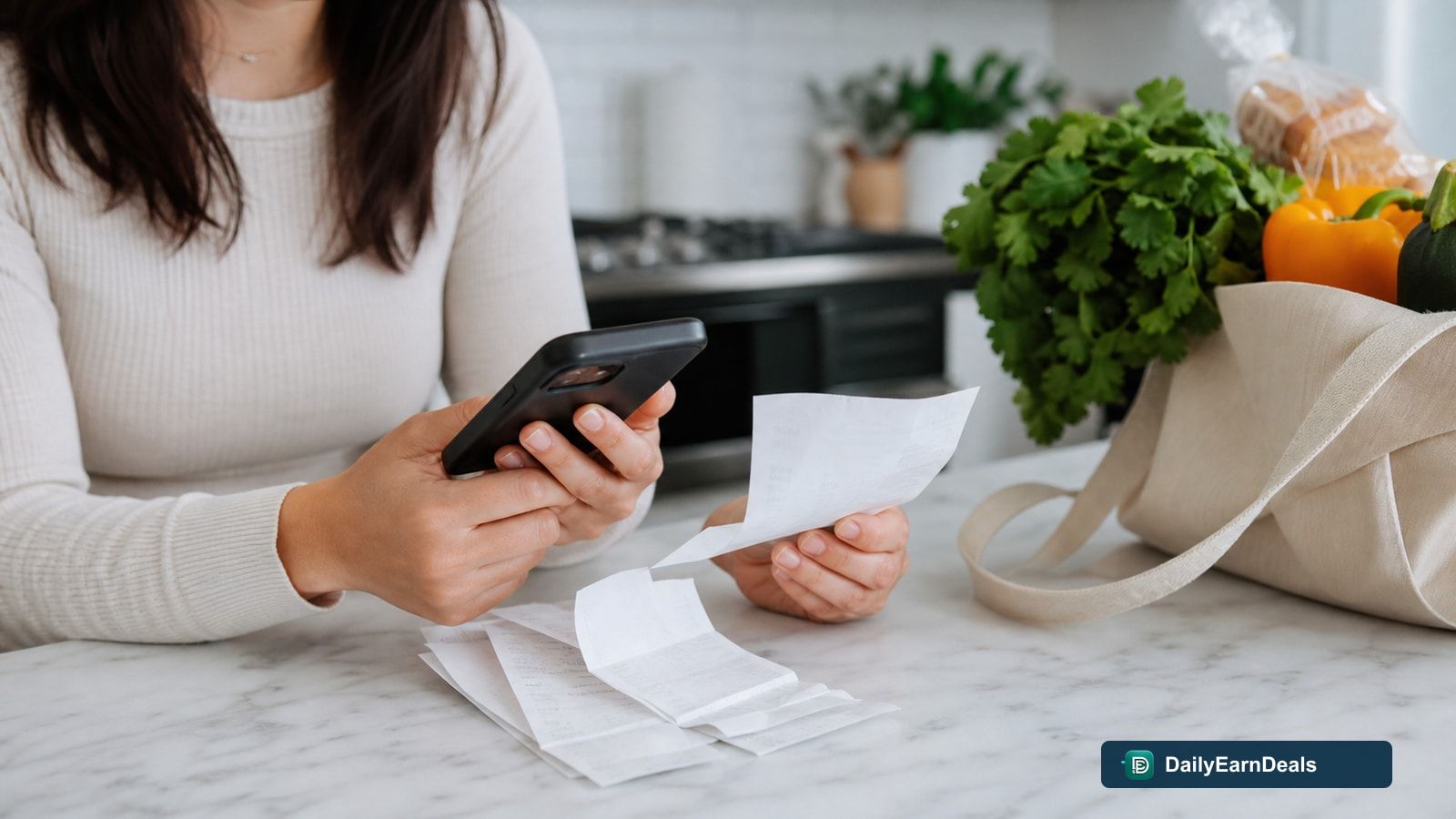 Person sorting ordinary grocery receipts beside a phone before submitting them to a receipt-rewards app