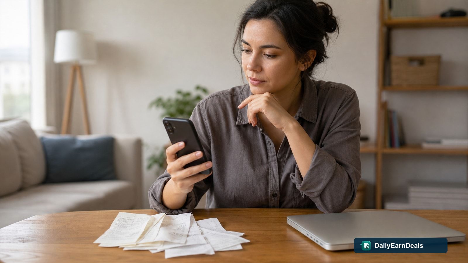 Person considering digital shopping-account and receipt-data choices on a phone at home