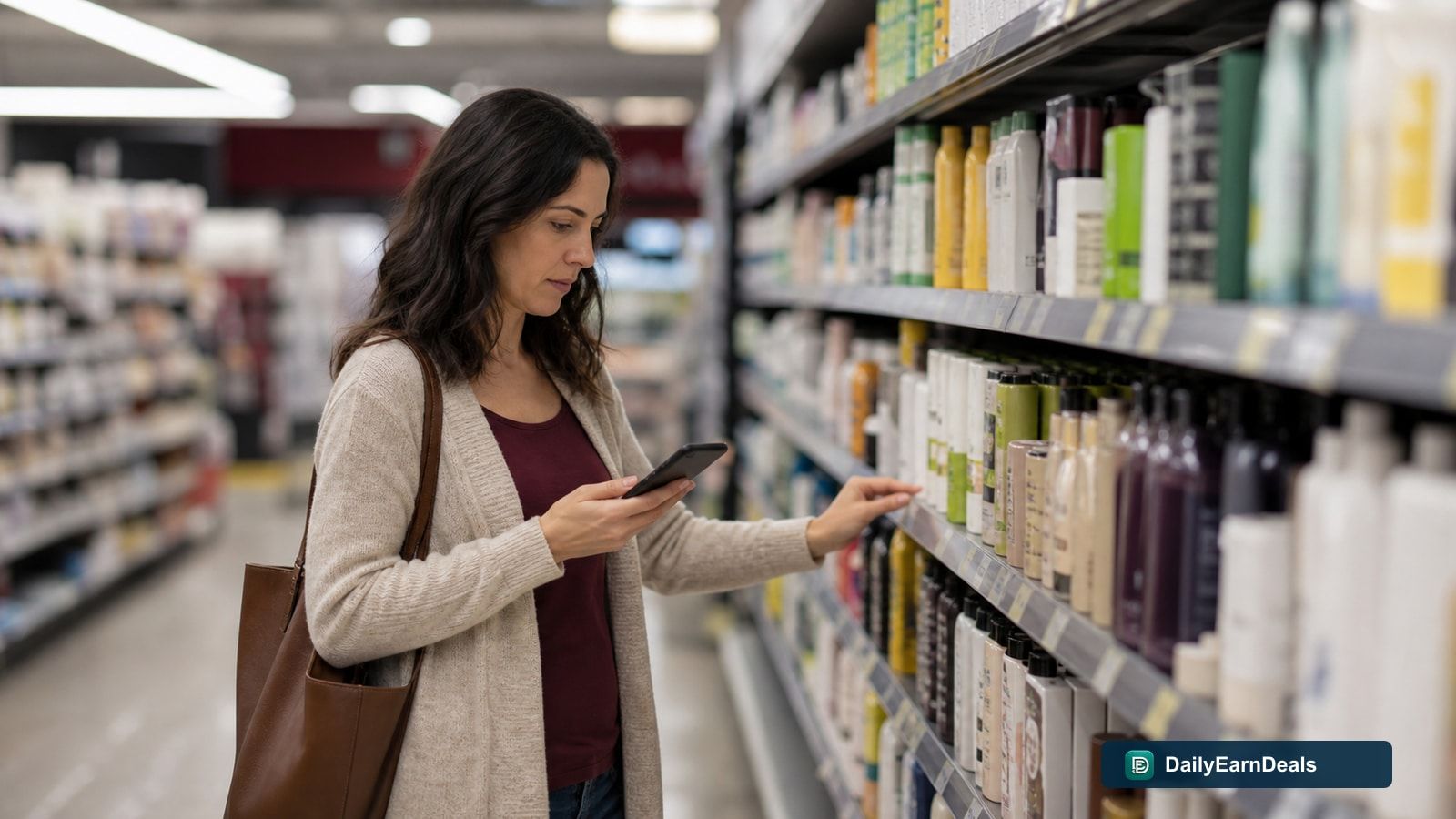 Mystery shopper reviewing a generic store shelf and documenting a local assignment with a phone