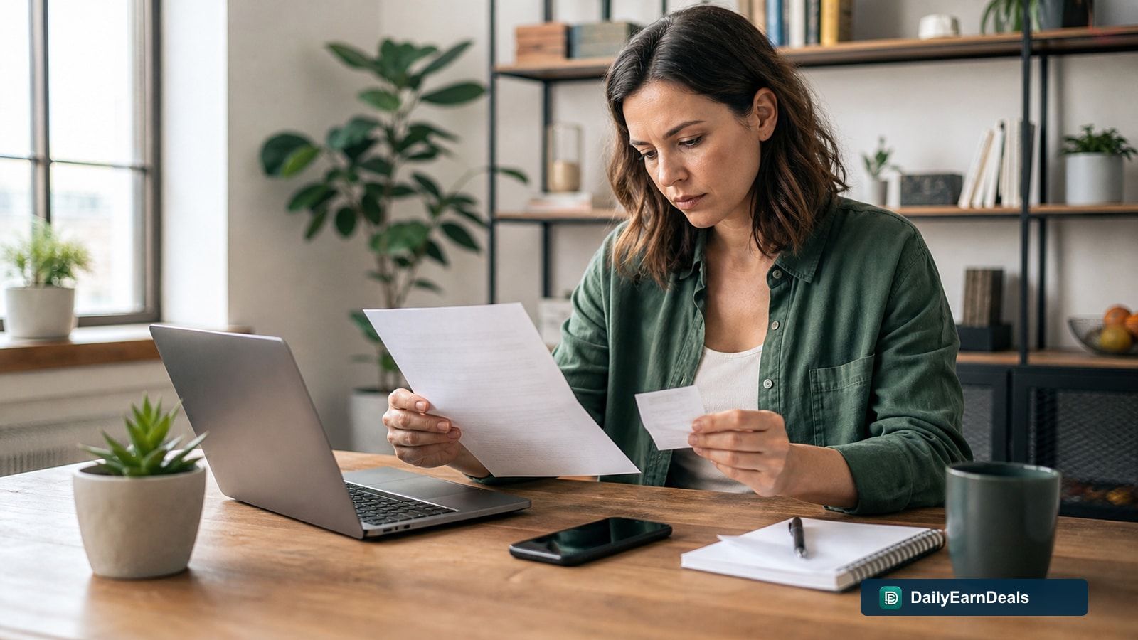 Person reviewing a generic task brief and receipt at a home desk before submitting a mystery-shopping report