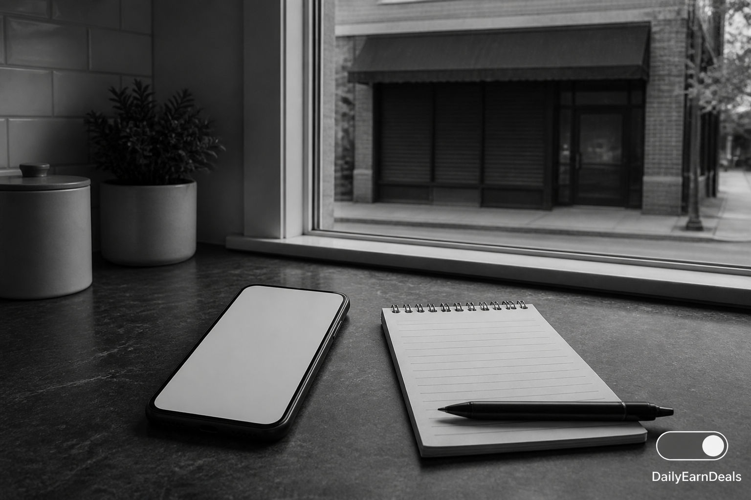A blank phone beside an empty storefront, illustrating a service-status update