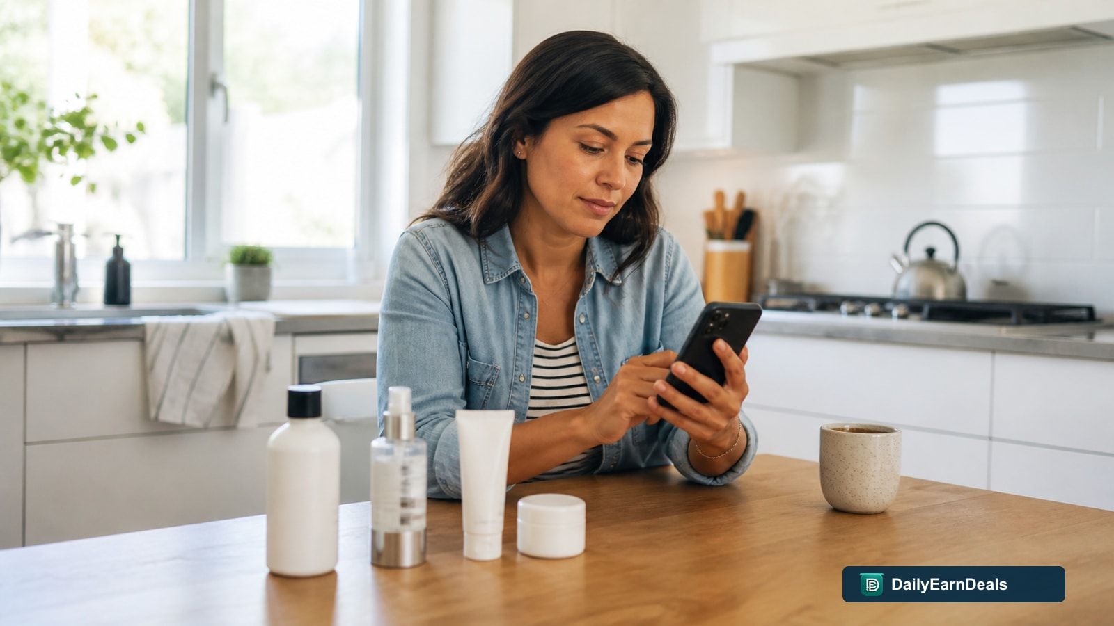 Editorial illustration of a participant answering a market-research question on a phone at home