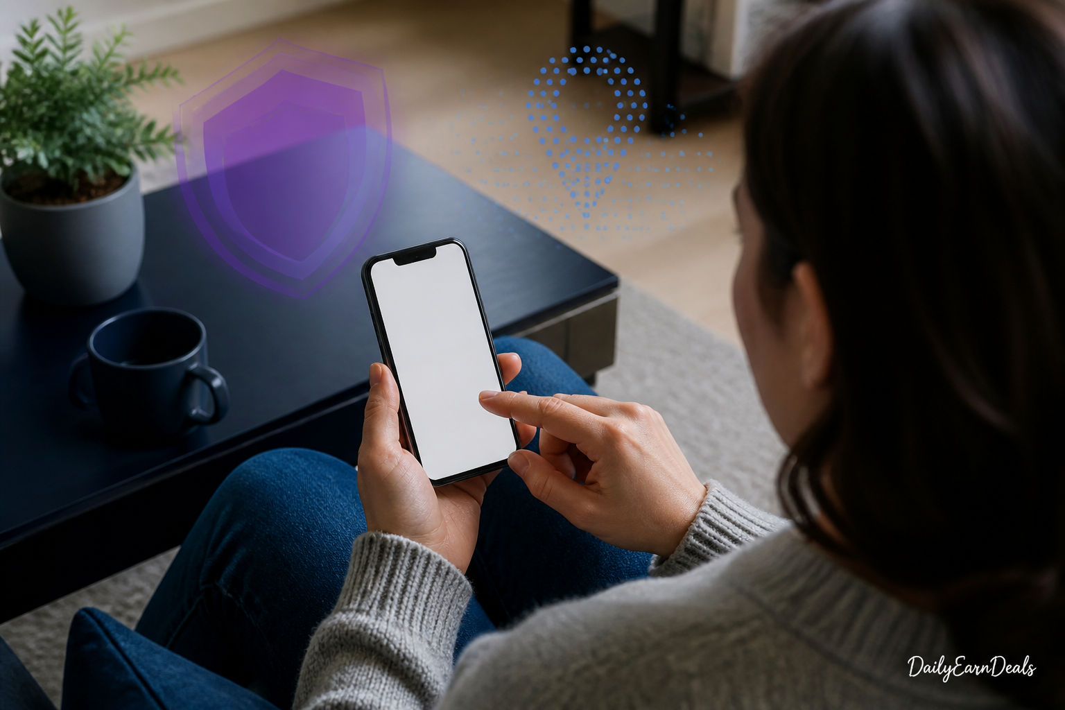 Person reviewing privacy choices on a blank smartphone with a shield illustration
