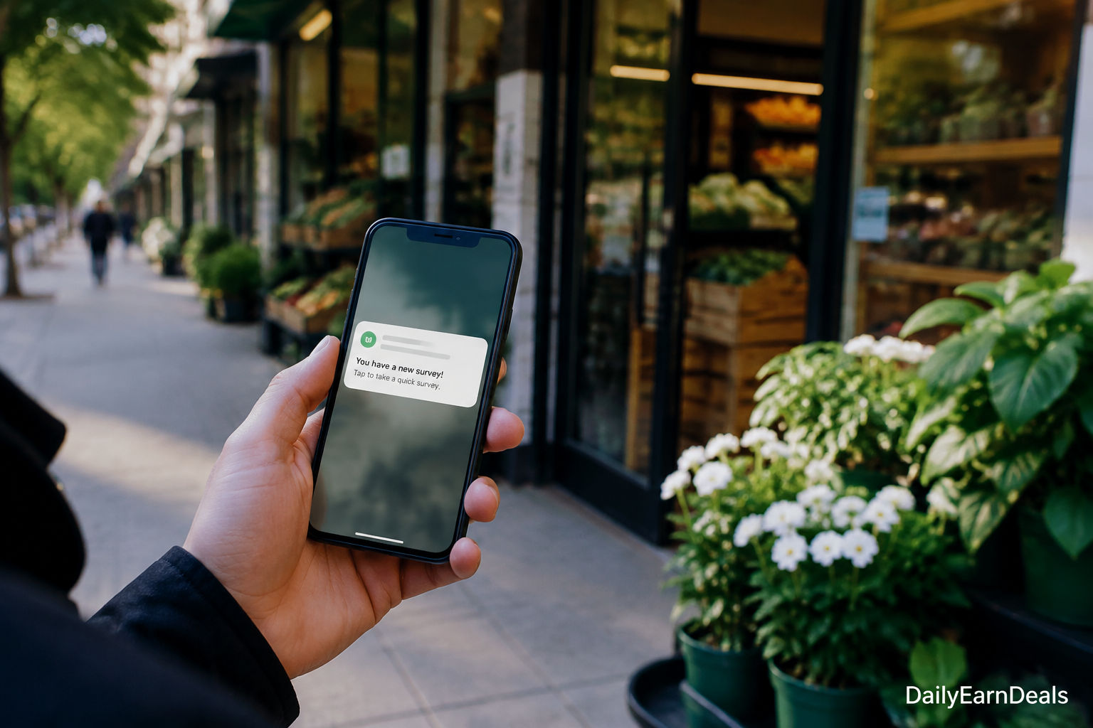 A person receives a generic survey notification while walking near a grocery store