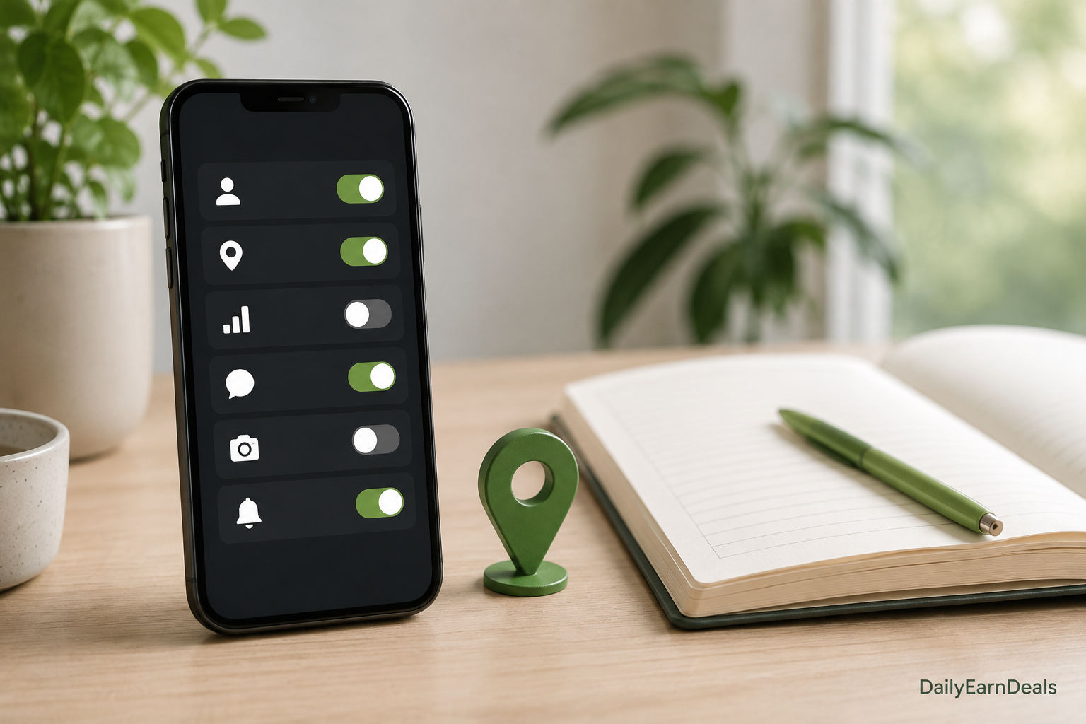 A generic phone privacy-settings screen beside a notebook and green location marker