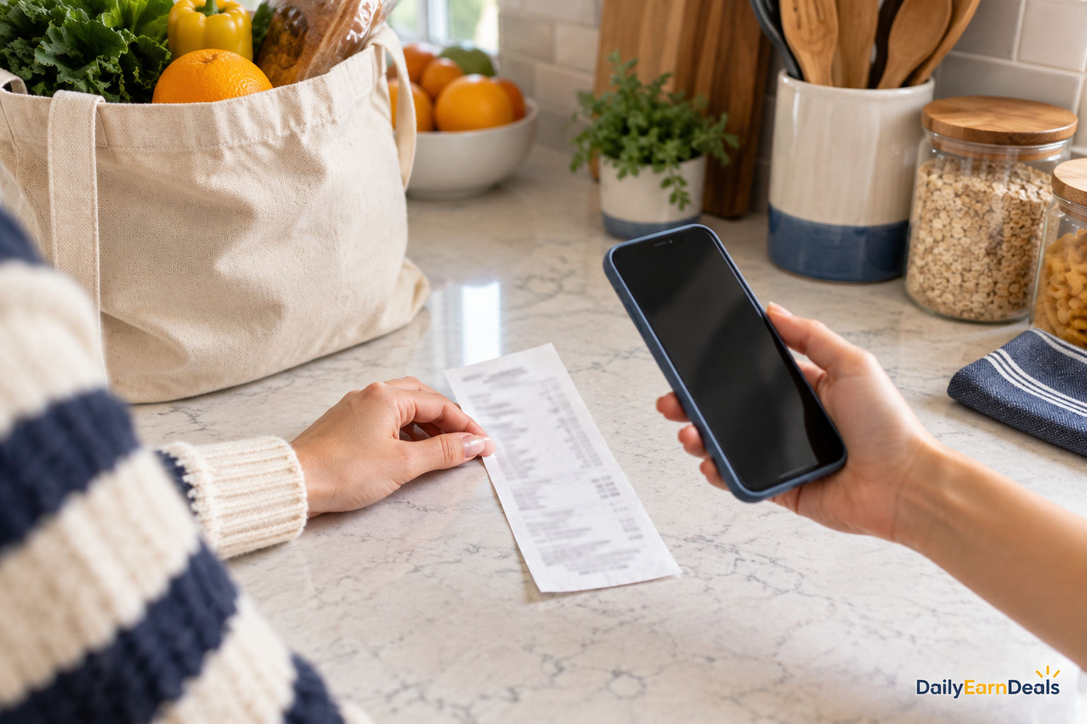 A shopper prepares to photograph an unreadable grocery receipt with a generic smartphone
