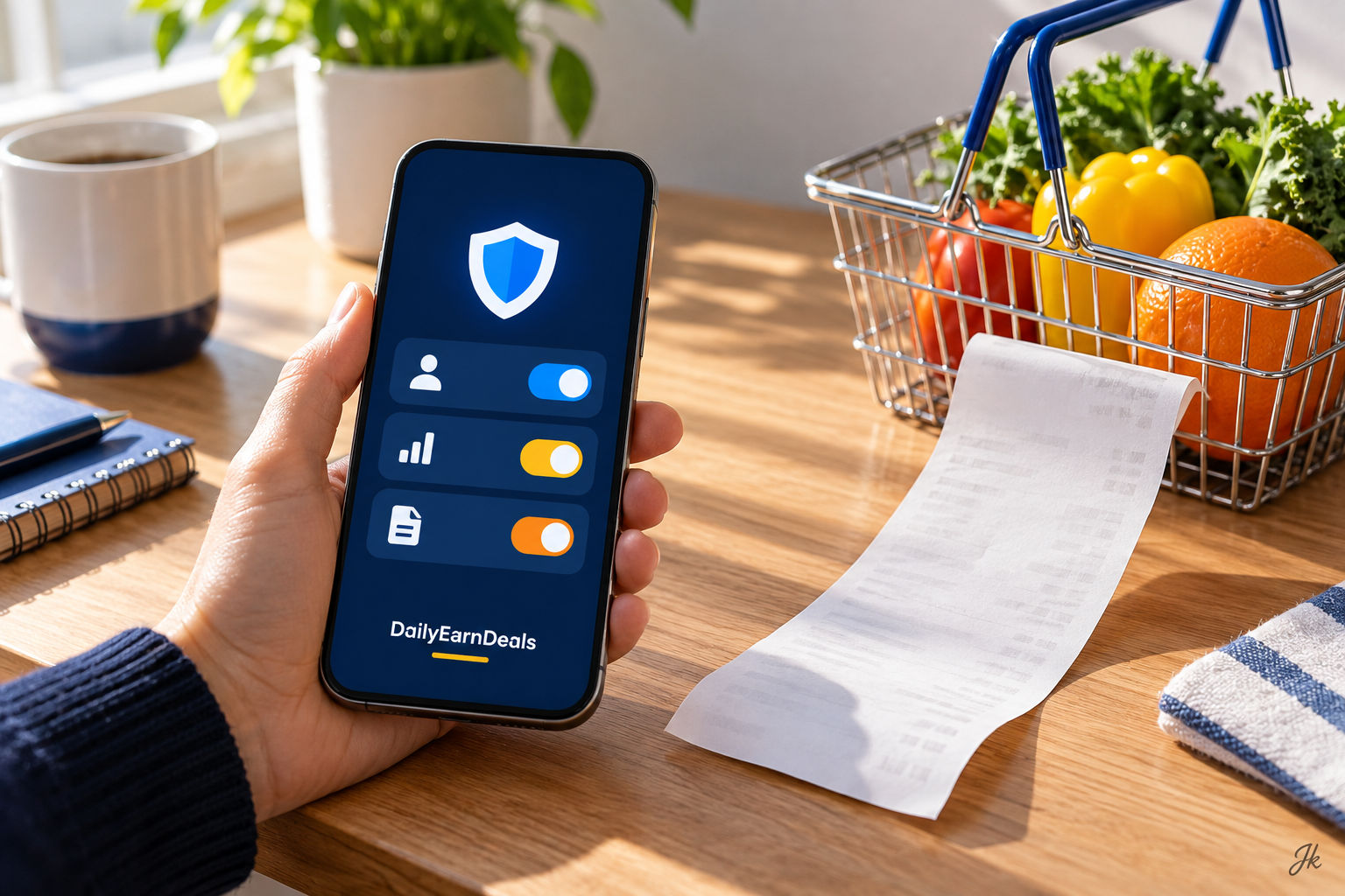 A generic privacy-settings phone beside a grocery basket and an unreadable receipt