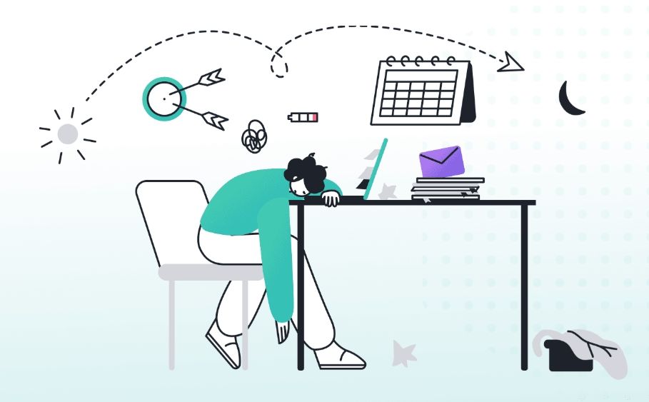 A tired person slumped over a laptop with a calendar full of fake meetings